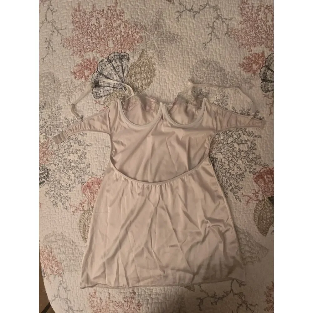 Lace Trim Bodice Blush Slip Nightie Lingerie Dress Keyhole Bodice Open Back Sz M